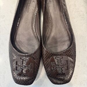 Tory Burch brown snakeskin square toed flats